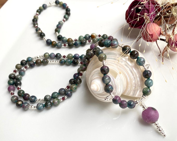 Ruby mala - disthene, decorated with sterling silver (925) and violet garnet, ruby end bead, necklace made of rare stones