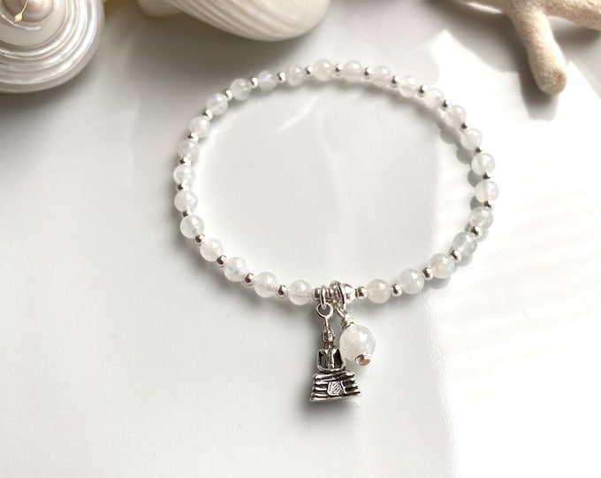 Mini mala made of white labradorite (A) decorated with silver, white labradorite bead and Buddha - pendant, bracelet, prayer beads