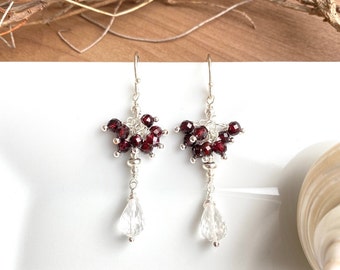 Red garnet earrings, rock crystal and silver (925), temple earrings, clusters, gift for women