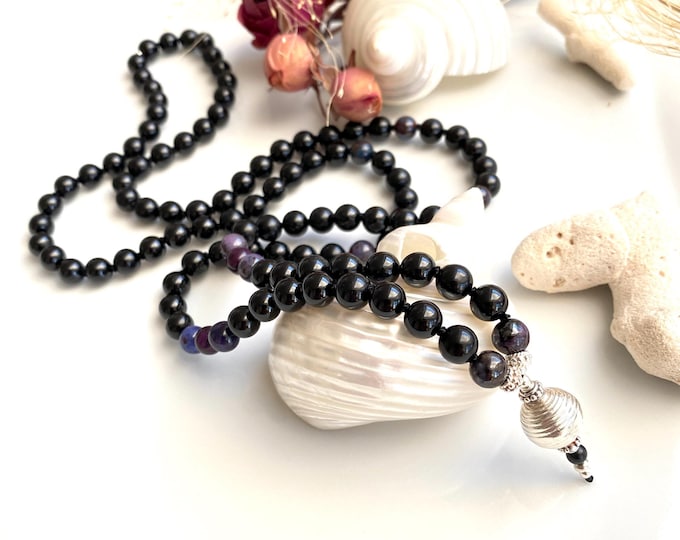 Sugilite Mala with black tourmaline, decorated with sterling silver, yoga jewelry, powerful black prayer beads for men and women