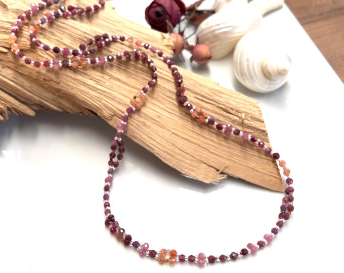 Tantric Mala necklace made of pink and multicolored tourmaline, sunstone and sterling silver "Celebrating Life", tantric yoga necklace with 416 beads
