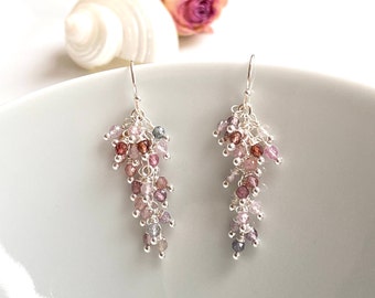 Cluster - Spinel Red and Silver Sterling Earrings, Grape Shape, Gift for Women, Wedding Jewelry