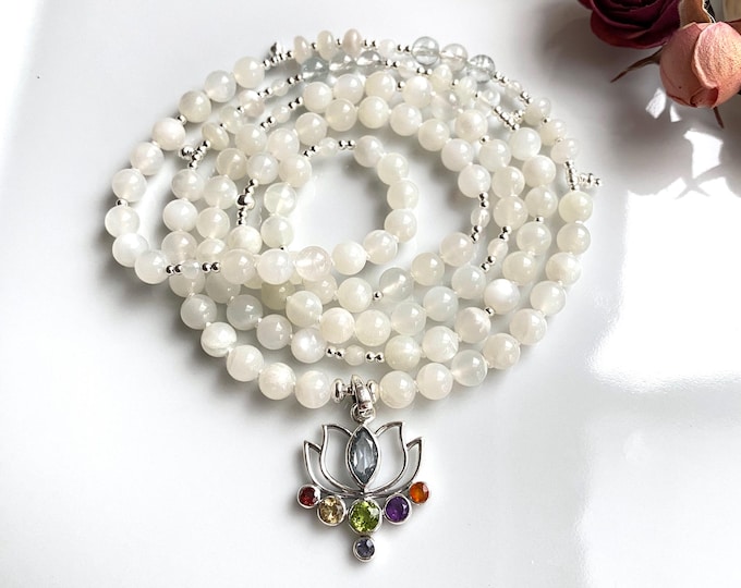 White moonstone mala with blue topaz, decorated with sterling silver, lotus pendant with chakra crystals, prayer beads, yoga jewelry