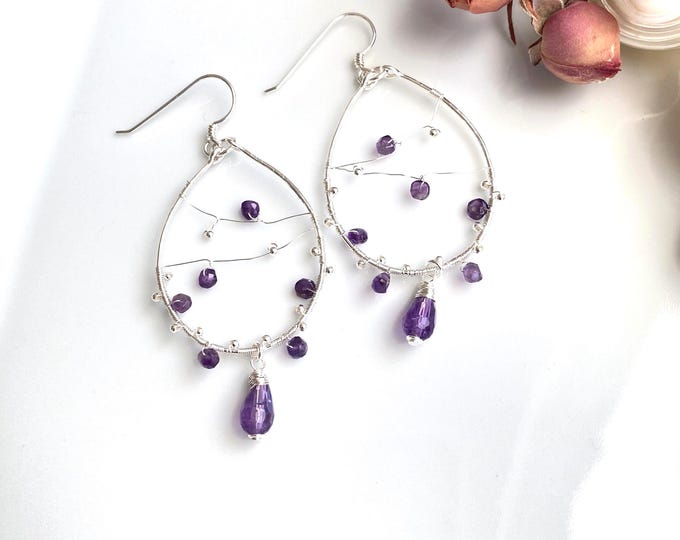 Chandelier earrings made of amethyst and sterling silver, handmade hoop earrings