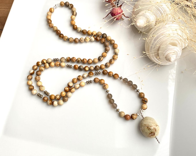 Mala made of landscape jasper and smoky quartz, final bead amulet stone, decorated with silver sterling, mala for men and women