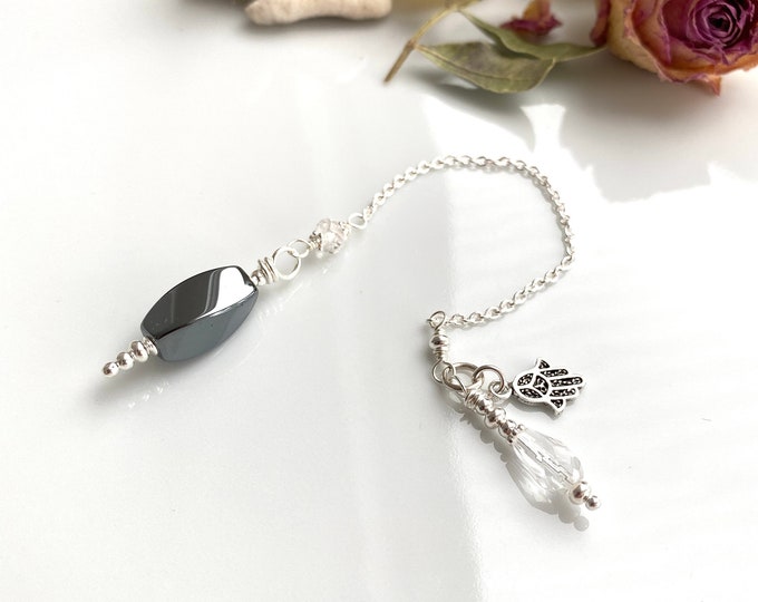 Mini - pendulum made of hematite, rock crystal and sterling silver, dowsing