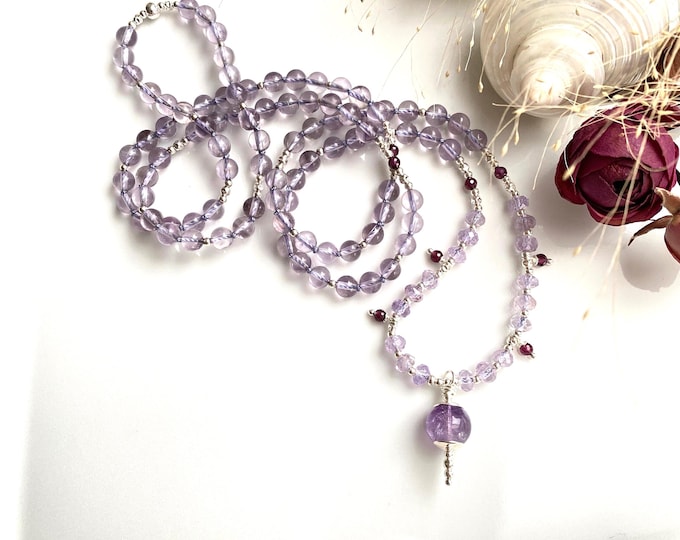 Mala necklace made of bright amethyst and ametrine, decorated with silver and violet garnet, amethyst bead, charm necklace