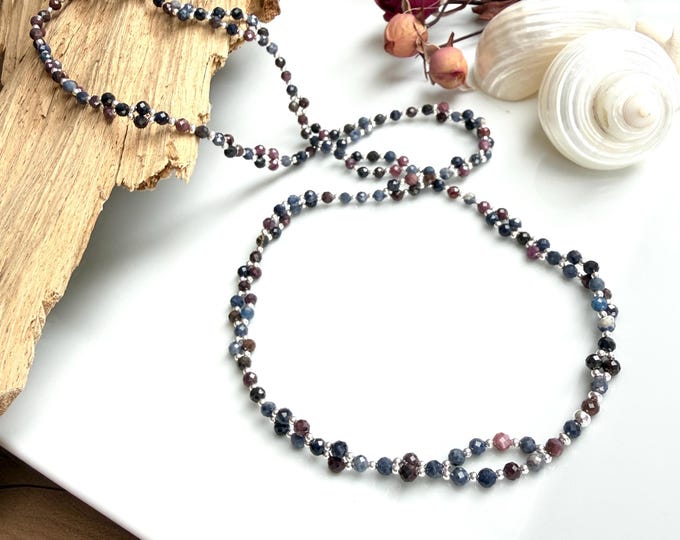 Tantric Mala Necklace made of ruby, sapphire and sterling silver "Mental Strength and Activity", tantric yoga necklace with 416 beads