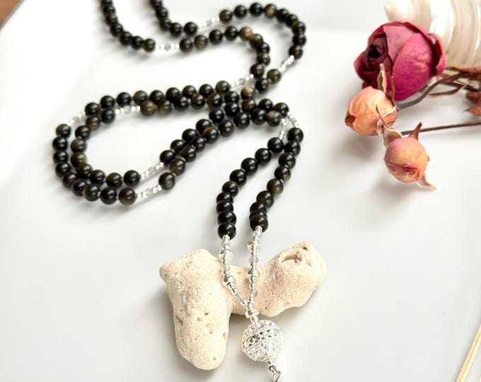 Gold and obsidian mala, decorated with quartz inclusions and silver, yoga jewelry, prayer beads "through darkness into light", 108 mala beads