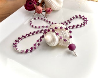 Delicate mala made of ruby (A) and silver, silver final bead, valuable, elaborately designed prayer chain with 108 beads