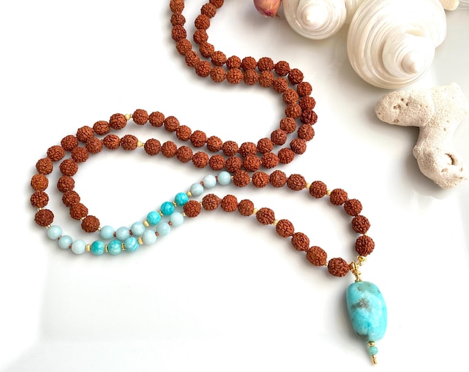 Rudraksha Mala with amazonite, decorated with silver-gilt, end element nugget made of amazonite, prayer beads, yoga jewelry