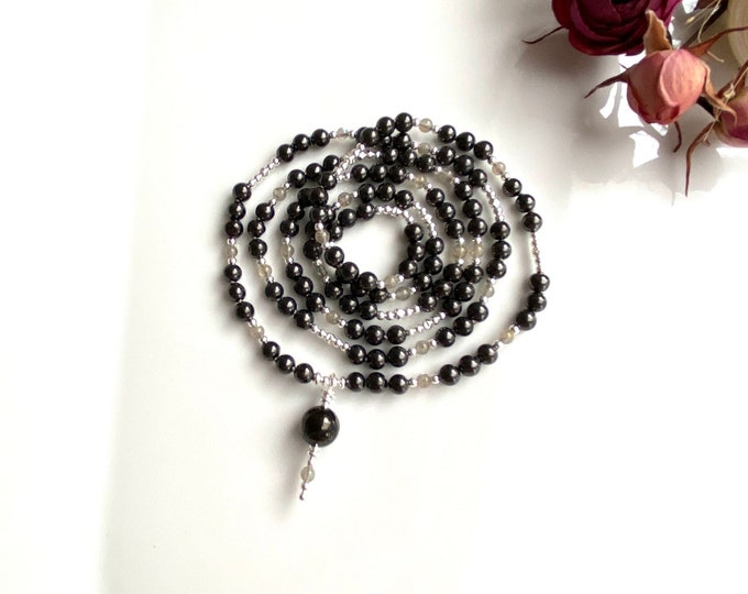 Mala made of shungite, decorated with labradorite and silver sterling (925), final bead shungite, 108 healing stones, mala “creative power”