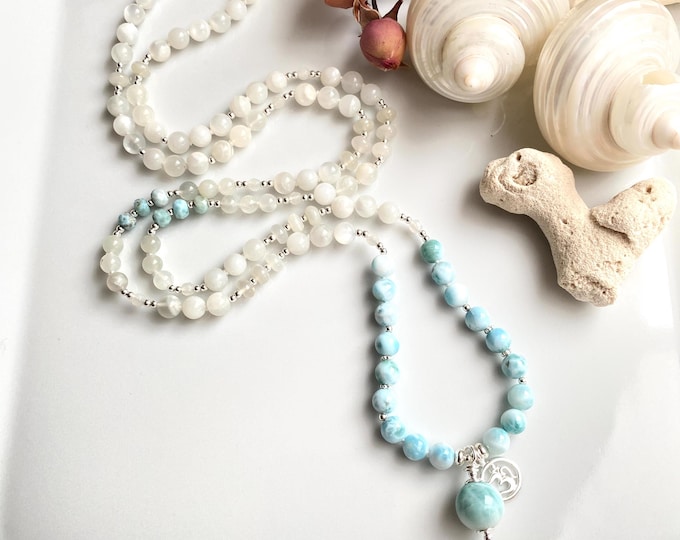 Mala necklace with white Larimar and moonstone, decorated with silver, Larimar end bead, precious prayer beads with 108 beads