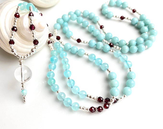 Mala in amazonite and garnet, decorated with silver, final pearl in rock crystal, prayer chain trust and protection, gift for women