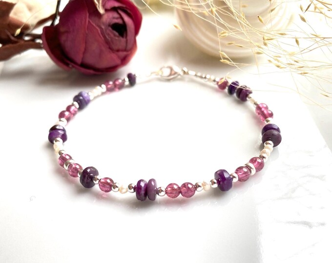 Sugilite bracelet with rhodolite, freshwater pearls and silver (925), gift for jewelry lovers, yoga jewelry