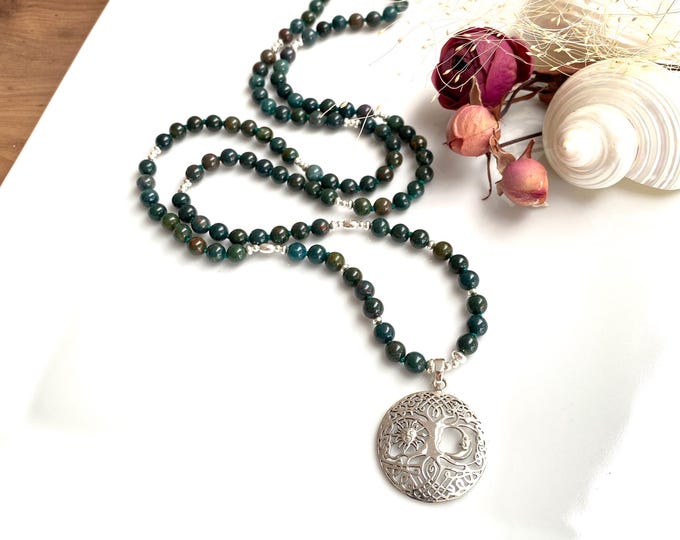 Heliotrope Mala Necklace, decorated with silver, Yggdrasil pendant silver, prayer beads made of 108 beads, yoga jewelry, for Zen seekers