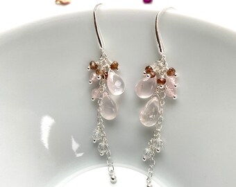 Long silver drop earrings with rose quartz, zircon and rock crystal