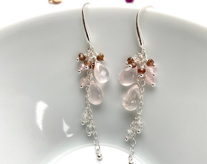 Long silver drop earrings with rose quartz, zircon and rock crystal