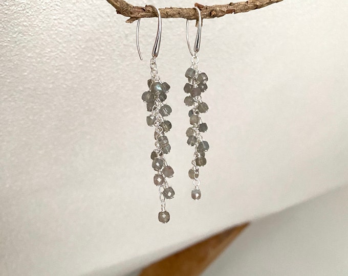 Dark labradorite and silver sterling drop earrings, slim cluster earrings, cube shaped beads carefully wrapped on silver