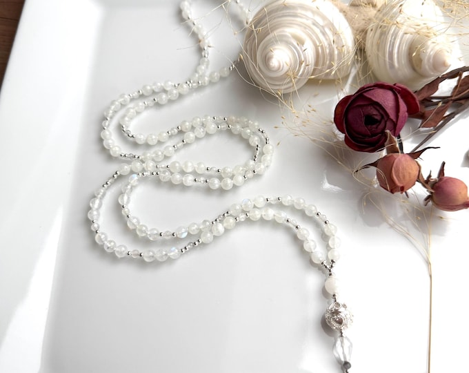 Mala made of white labradorite (A), with 925 silver, guru bead silver and rock crystal, yoga jewelry with 108 beads, necklace for Zen seekers