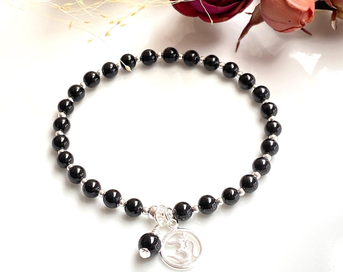 Mini Mala made of Schorl Tourmaline decorated with silver, end bead Schorl Tourmaline and OM - pendant, bracelet, prayer beads, yoga jewelry