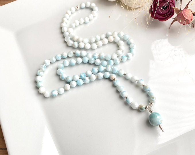 Mala made of Larimar, decorated with silver, final pearl Larimar, prayer beads made of 108 beads