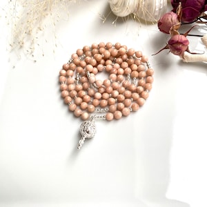 Mala necklace made of reddish baryte and silver sterling 925, prayer beads