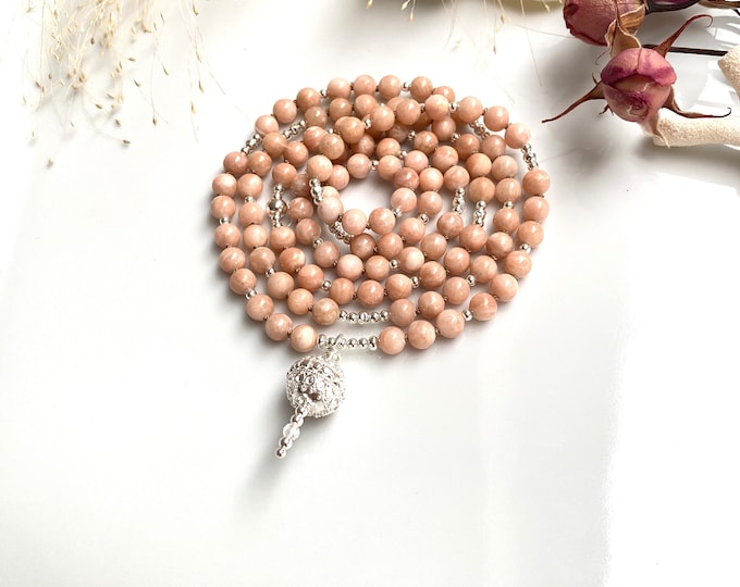 Mala necklace made of reddish baryte and silver sterling 925, prayer beads