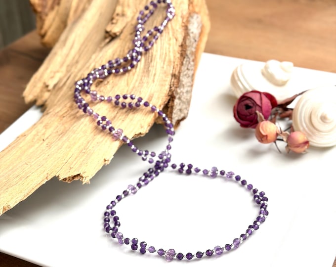 Tantric Mala Kette aus Amethyst, Bergkristall und Silber Sterling "Spiritualität und Klarheit", Yoga-Schmuck, Kundalini Yoga, Chakra-Schmuck