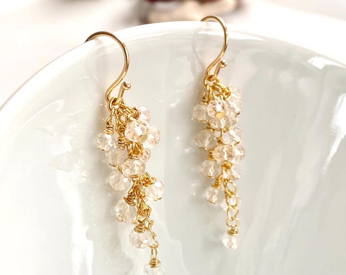 Cluster drop earrings made of white topaz and silver gold-plated, grape shape, sparkling, handmade gemstone earrings, gift for women