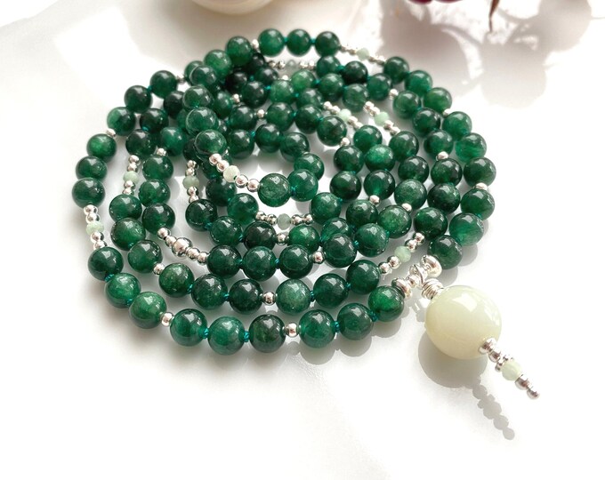 Mala made of star aventurine, decorated with green Andean opal and sterling silver, serpentine bead, prayer beads made of 108 beads, yoga jewelry