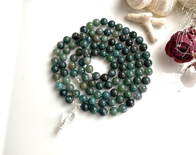 Long mala made of moss agate (8 mm), decorated with silver, end bead made of rock crystal, prayer beads for men and women