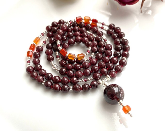 Mala made of garnet (almandine), natural carnelian and silver, garnet end bead, prayer beads, necklace in orange and red