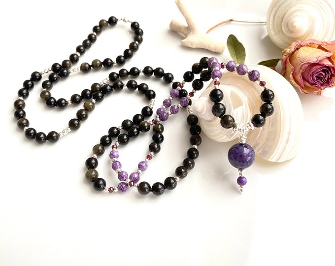 Mala made of charoite and gold obsidian, decorated with purple garnet and silver, charoite final bead, prayer beads