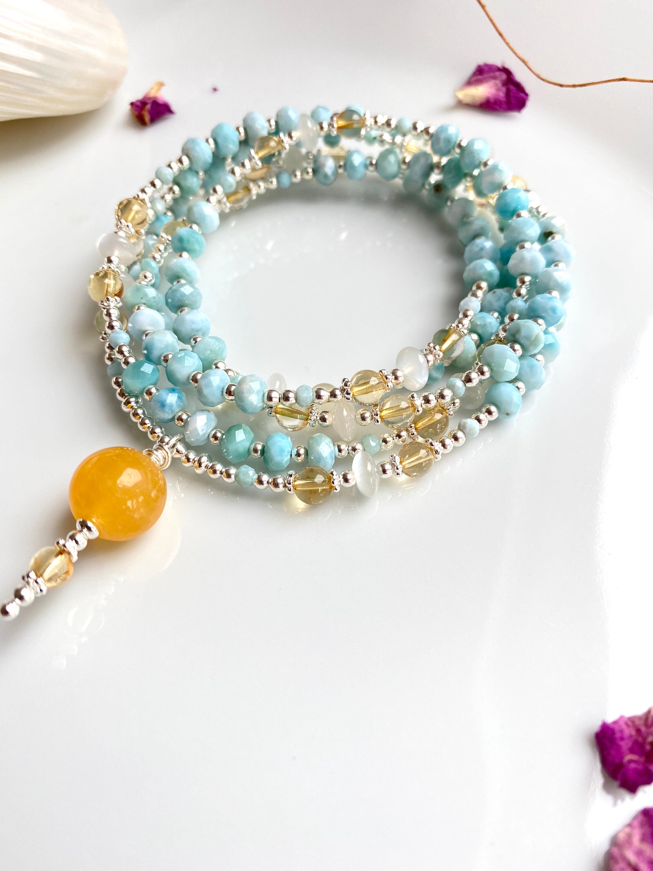 Luminous mala of larimar, moonstone and citrine (AA), final bead of ...