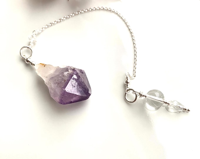 Pendulum made of raw amethyst with sterling silver and rock crystal, handmade, dowsing, small gift for psychics
