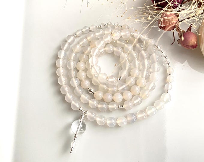 Mala made of white agate 8 mm, rock crystal, decorated with silver, yoga jewelry, necklace, prayer beads "Peace, mindfulness, wisdom"