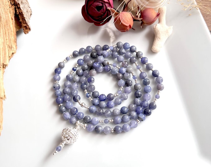 Tanzanite mala with 925 sterling silver, prayer beads made of 108 healing stones, yoga jewelry, meditation necklace "Transformation, Vocation"