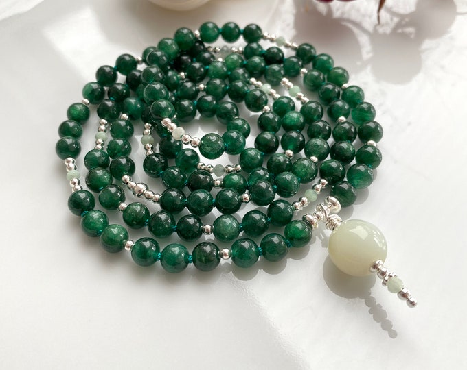 Mala made of star aventurine, decorated with Andean opal and silver sterling, final bead serpentine, extraordinary prayer chain made of 108 beads