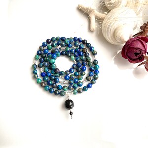 Mala made of azurite malachite, decorated with silver sterling 925, final bead black tourmaline, prayer chain made of 108 rare beads image 5