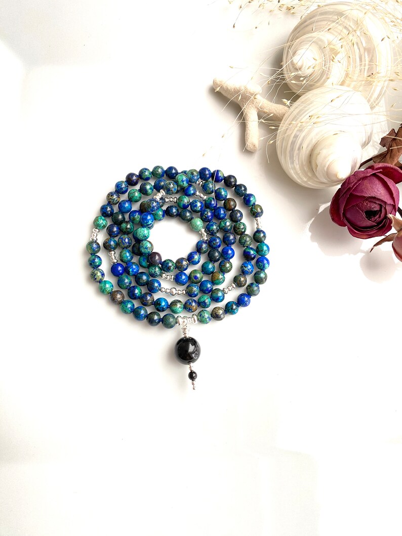 Mala en azurite malachite, décoré d'argent sterling 925, perle finale en tourmaline noire, chaîne de prière composée de 108 perles rares image 5