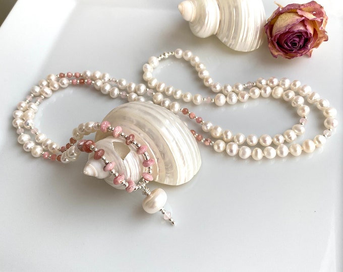 Noble mala made of freshwater pearls and rhodochrosite, decorated with morganite and silver
