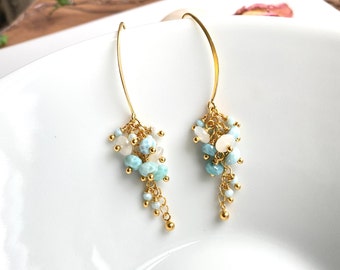 Earrings made of larimar, moonstone and silver gold plated, cluster - earrings, navette and grape shape, gift for women