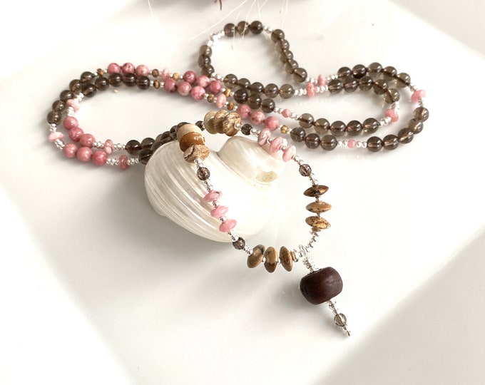 Thulite, rhodochrosite, smoky quartz, landscape jasper and silver mala, exceptional prayer beads with a Bodhi pearl pendant