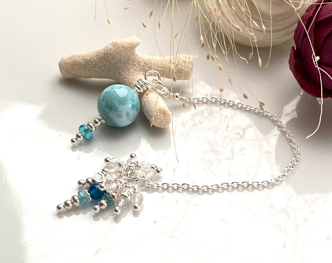 Pendulum made of larimar, apatite, rock crystal and silver sterling with many small pendants, dowsing