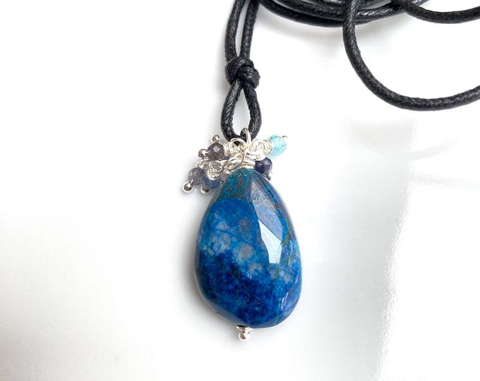 Shattuckite pendant with many small charms and sterling silver, amulet - pendulum - necklace