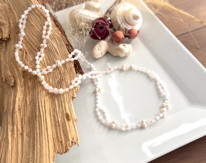 Tantric Mala Kette aus Rosenquarz, Süßwasserperlen, Bergkristall und Silber Sterling "Herz und Klarheit", Yoga-Schmuck, Kundalini Yoga