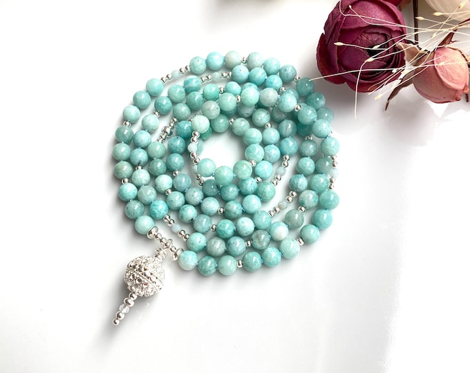Mala necklace made of Amazonite AA, 108 beads, decorated with sterling silver, final bead sterling silver, valuable prayer beads, yoga jewelry