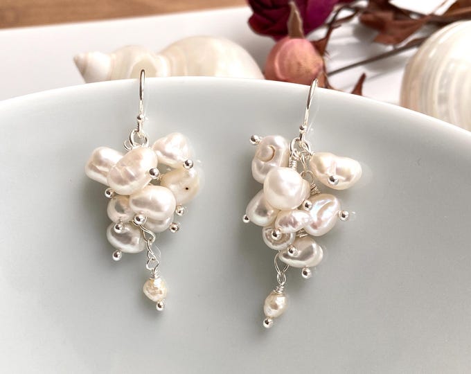 Cluster drop earrings made of Keshi pearls with sterling silver, grape shape, gift for women and jewelry enthusiasts, wedding jewelry