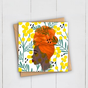 Carte de voeux noire de portrait de beauté | Foulard afro-africain caribéen | Magie des filles noires | Anniversaire | Femme célébration